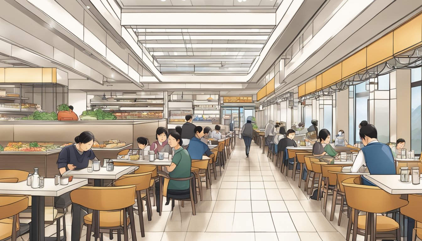 A bustling restaurant inside Takashimaya with wide, wheelchair-accessible aisles and low countertops for easy access