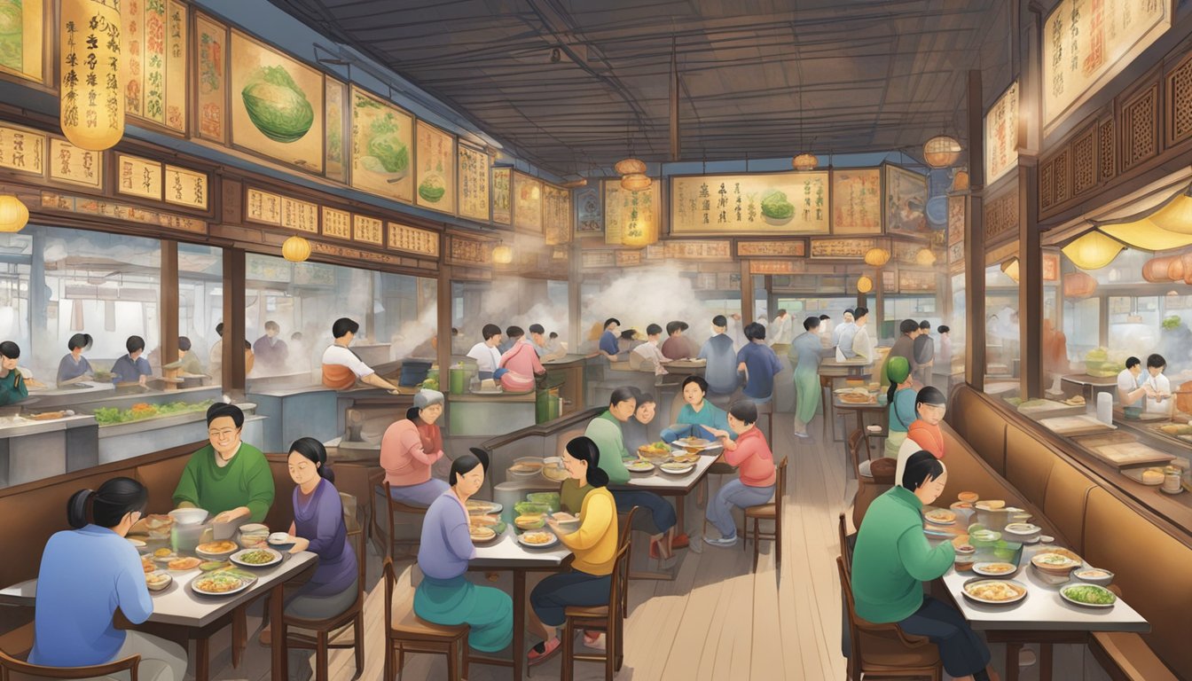 A bustling Heng Hua restaurant with steaming pots, bamboo steamers, and colorful dishes on tables. Customers chat and slurp noodles