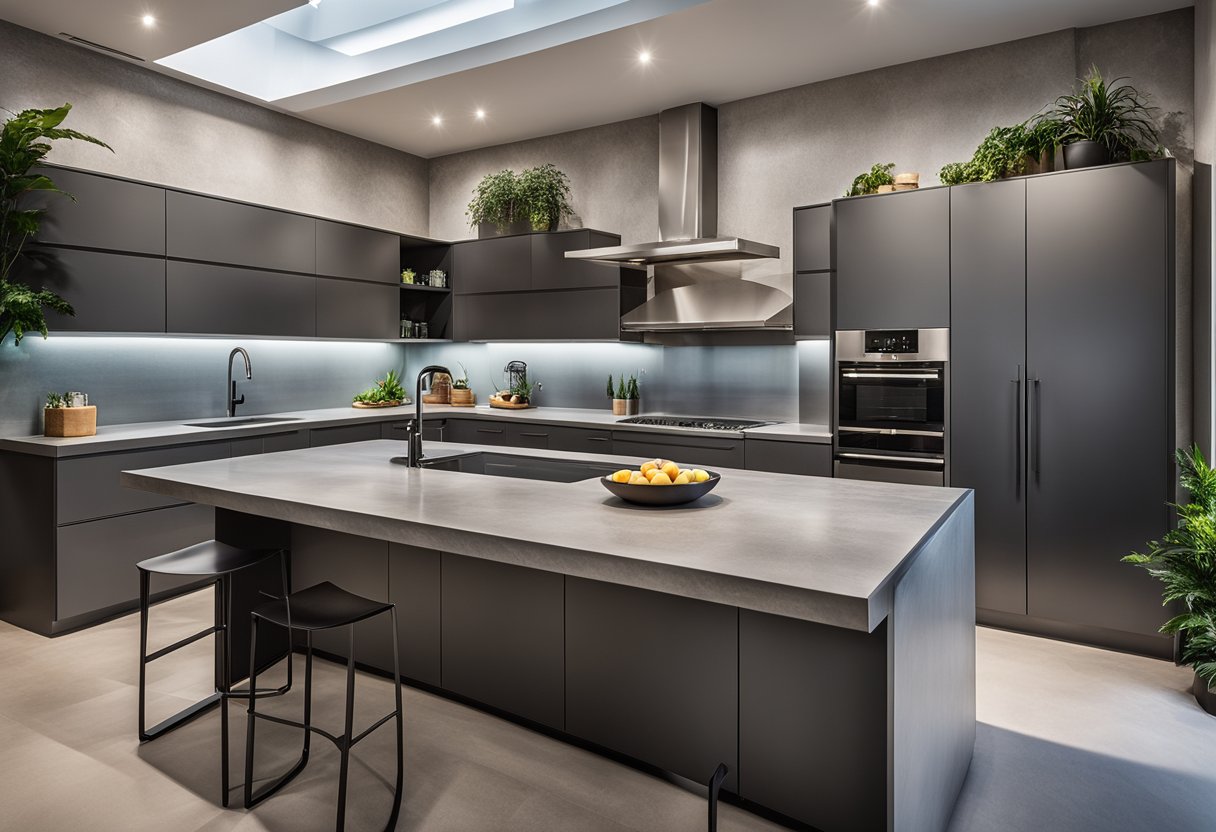 A modern concrete kitchen with sleek cabinets and minimalist design. Stainless steel appliances and a large island with a built-in sink