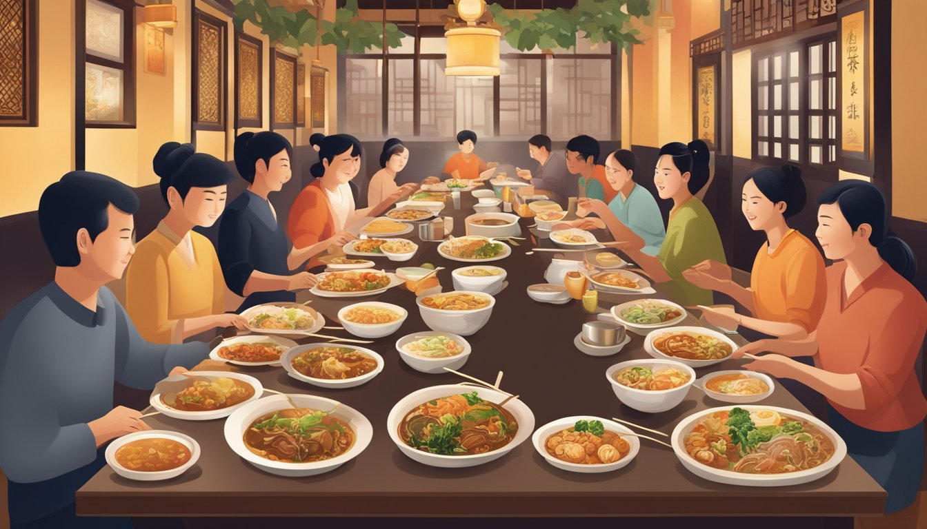 Customers enjoying a variety of Heng Hua dishes in a bustling restaurant setting with traditional decor and warm lighting