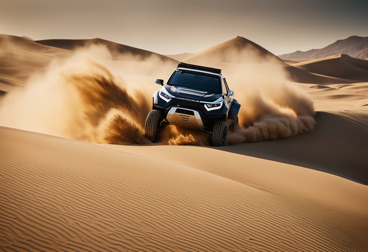 A sleek all-electric off-roader carves through sandy dunes, kicking up plumes of golden sand as it glides effortlessly across the rugged terrain