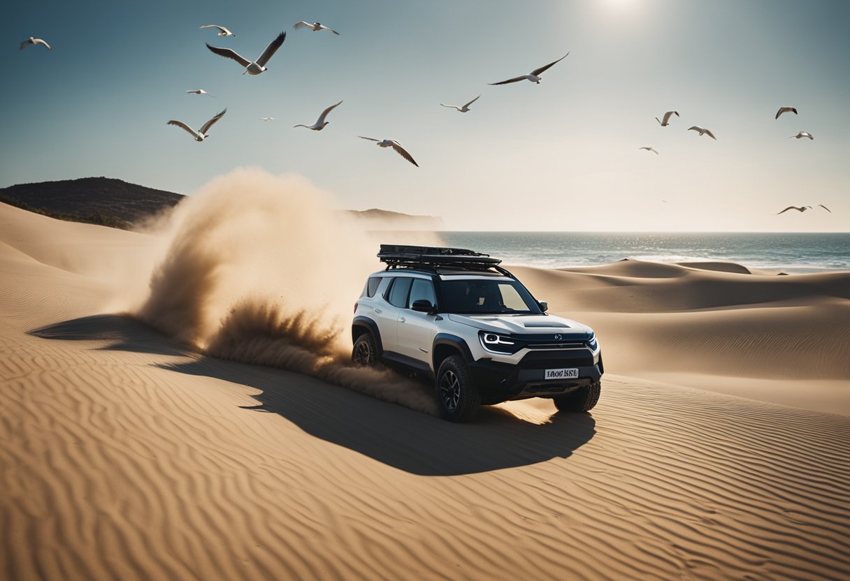 An electric off-roader cruises through sandy dunes by the ocean, with waves crashing in the background and seagulls soaring above