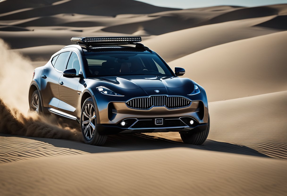 The Fisker Ocean Odyssey electric off-roader surfs the dunes, kicking up sand and conquering rugged terrain with ease