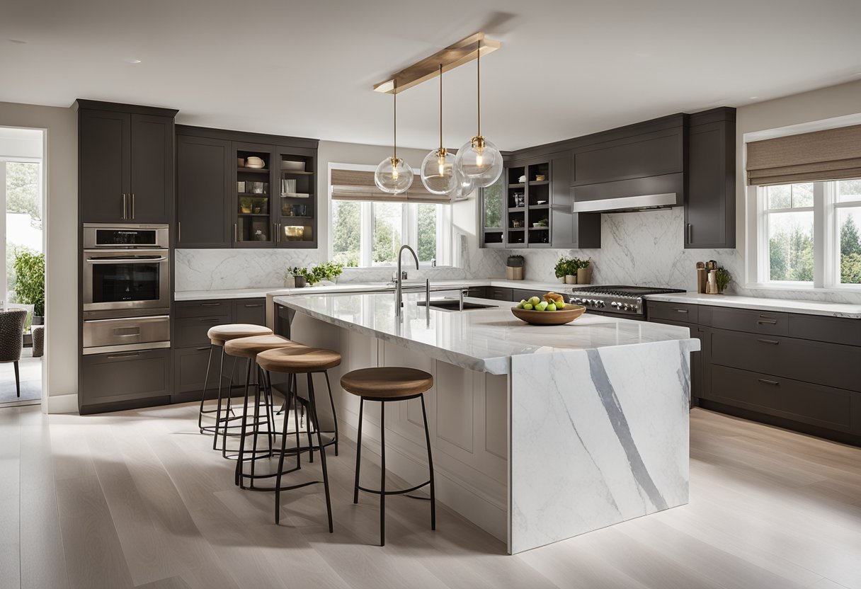 A spacious, modern kitchen with sleek, high-end appliances, marble countertops, and custom cabinetry. The room is flooded with natural light from large windows, creating a bright and inviting atmosphere