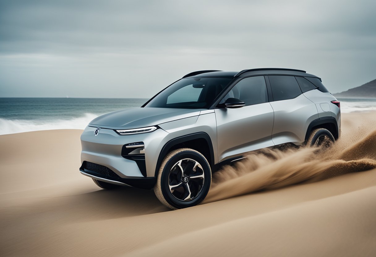 A sleek all-electric off-roader carves through sandy dunes, with waves crashing in the background. The vehicle's modern design and ocean-inspired color palette capture the exhilarating experience of surfing on land