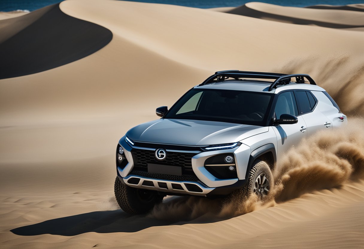 An electric off-roader car glides effortlessly over sandy dunes, with waves crashing in the background