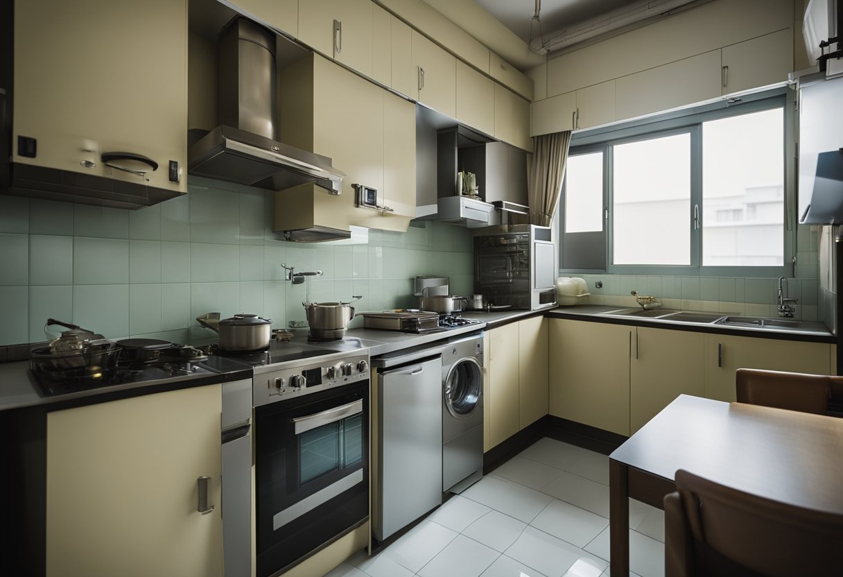 A cluttered 3-room HDB kitchen with outdated cabinets and appliances. Walls are worn and the flooring is old. The space lacks modern fixtures and feels cramped