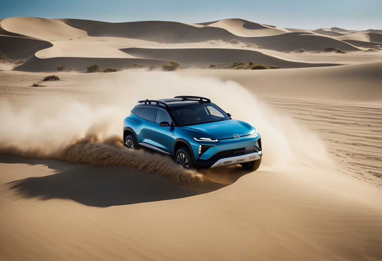 A sleek all-electric off-roader car surfs the sandy dunes, with waves crashing in the background. The vehicle showcases sustainability and innovation in a dynamic ocean setting