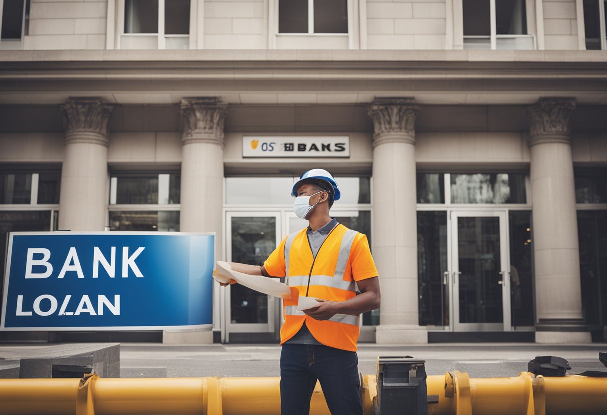A construction worker renovates a bank with a loan sign in the background
