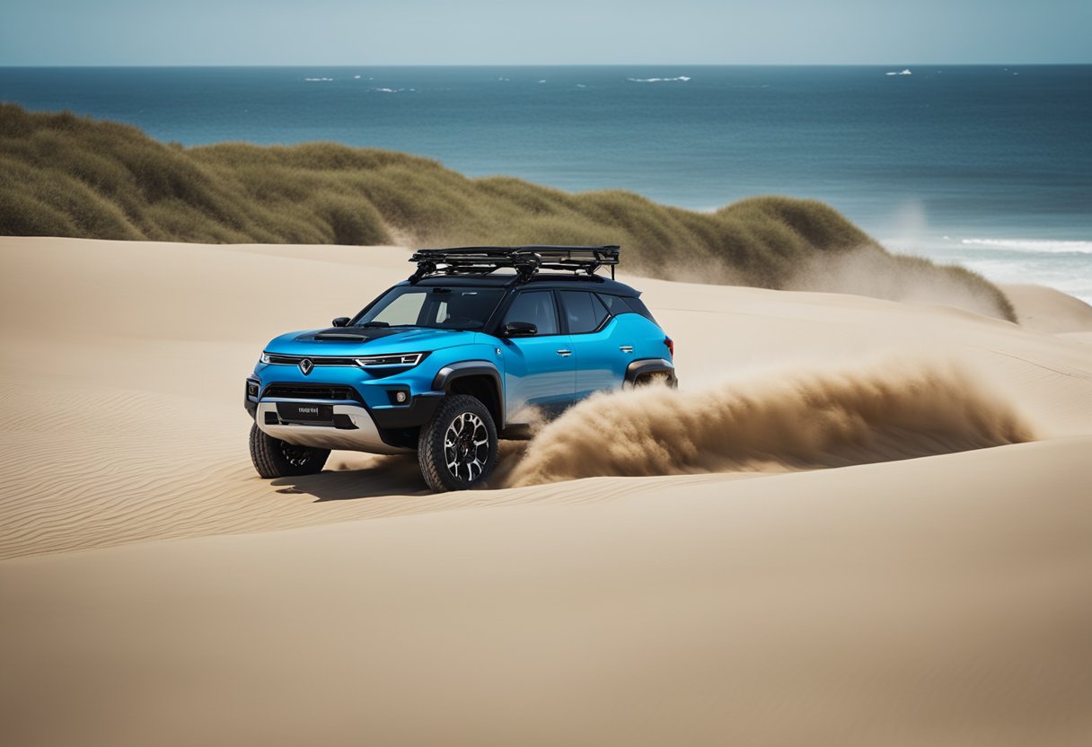 The electric off-roader drives over sand dunes near the ocean, with waves crashing in the background and seagulls flying overhead