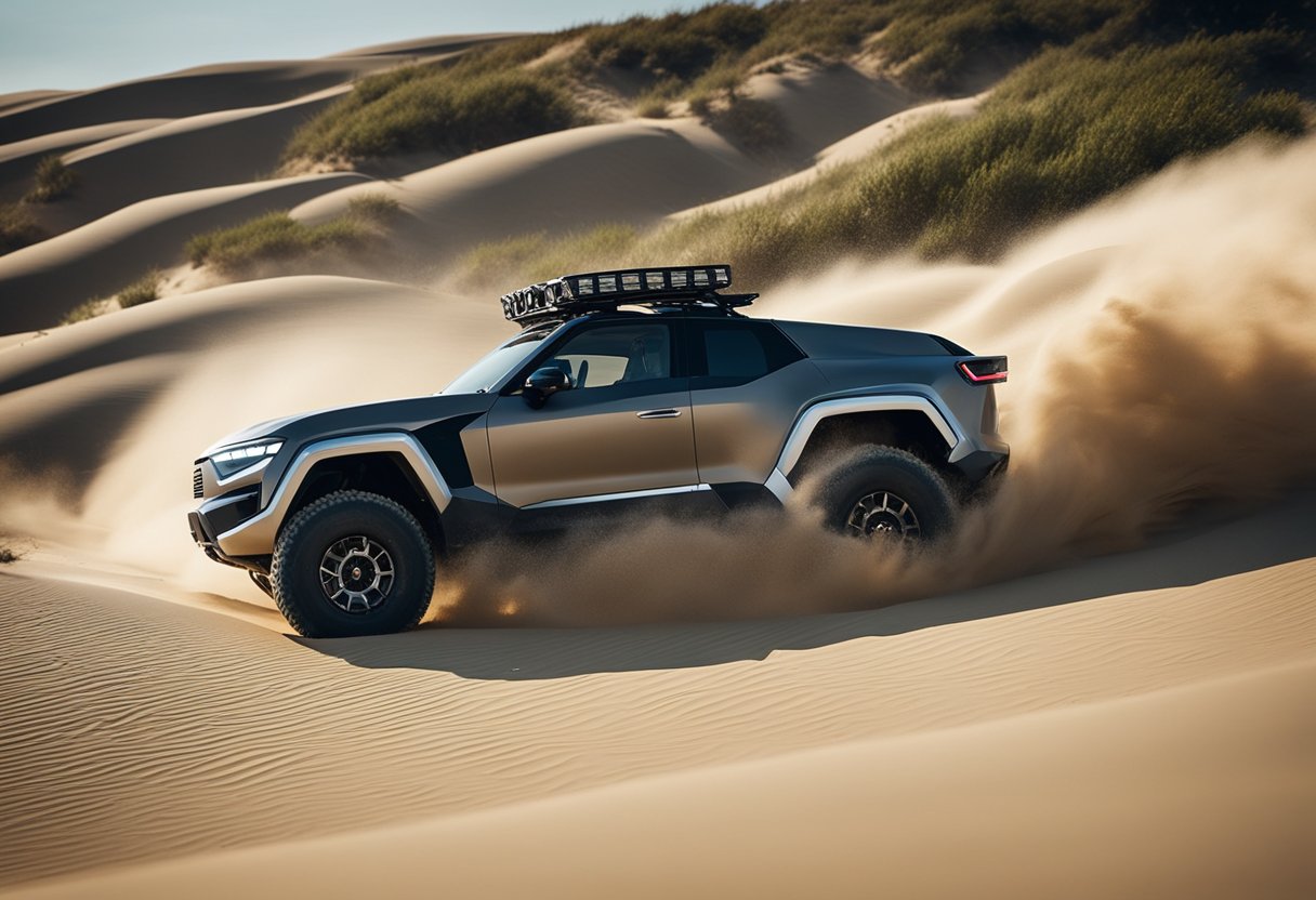 The electric off-roader speeds through sandy dunes, with ocean waves crashing in the background. The sun glistens off the sleek vehicle as it navigates the rugged terrain