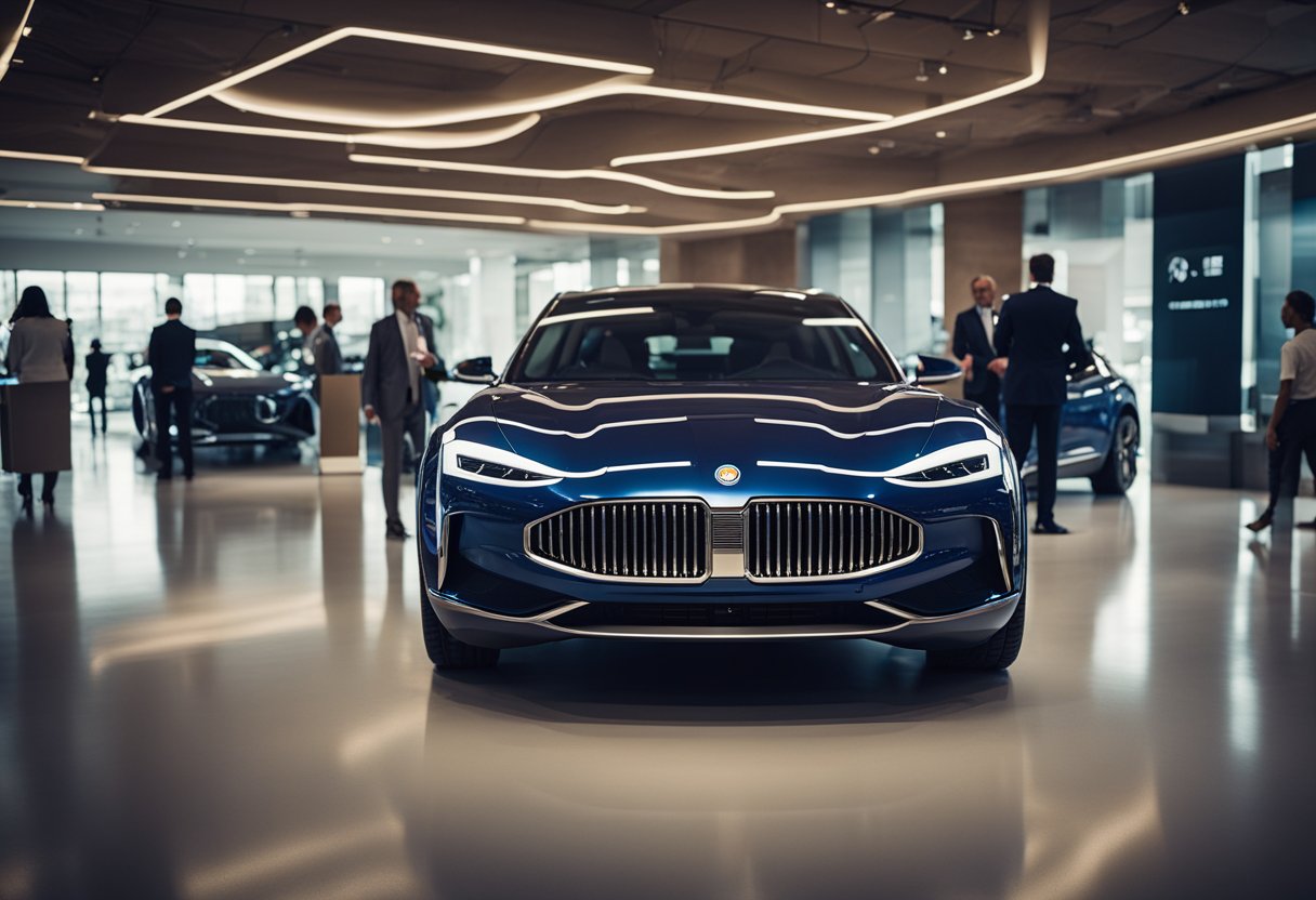 A line of customers waits at the reception desk. Positive reviews and ratings are displayed on a digital screen. The Fisker's all-electric off-roader is showcased in the background