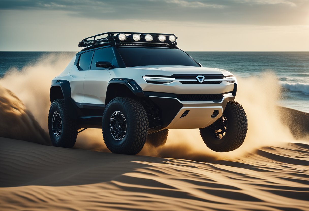 An electric off-roader glides over sandy dunes, waves crashing in the distance. The vehicle's sleek design and powerful performance are highlighted against the ocean backdrop