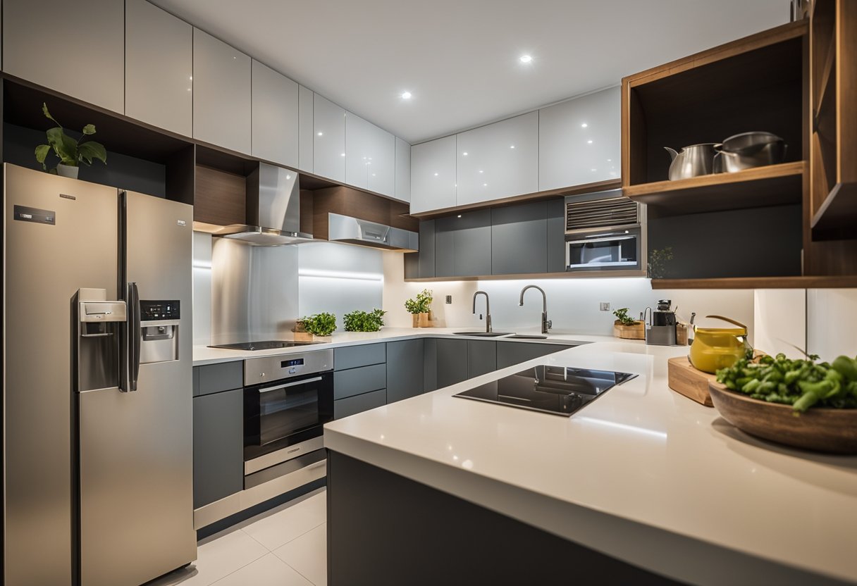 A kitchen in a 3-room HDB flat undergoing renovation with new cabinets, countertops, and appliances