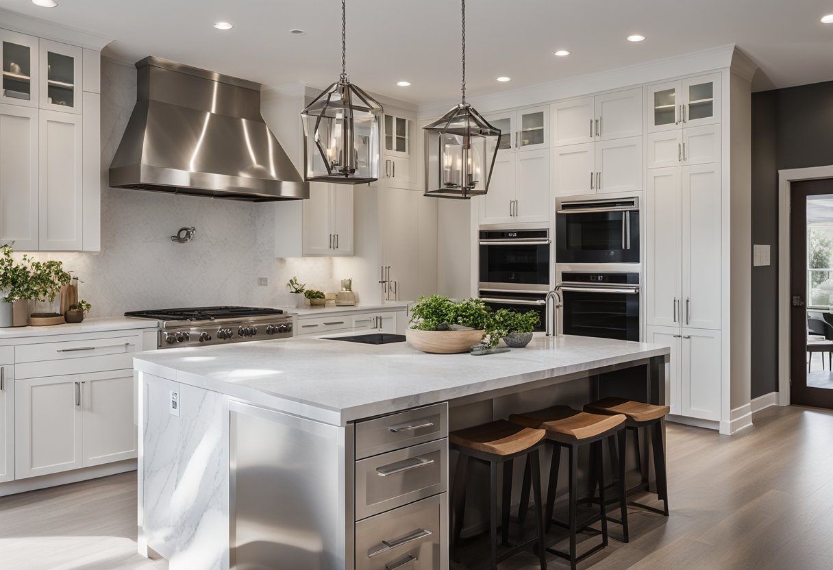 A sleek, modern kitchen with marble countertops, stainless steel appliances, and a large island. The space is filled with natural light and accented with stylish pendant lighting