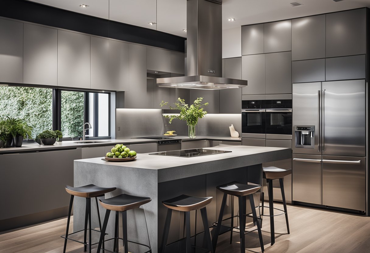 A modern kitchen with sleek concrete cabinets and minimalist design. Stainless steel appliances and a large island complete the contemporary look