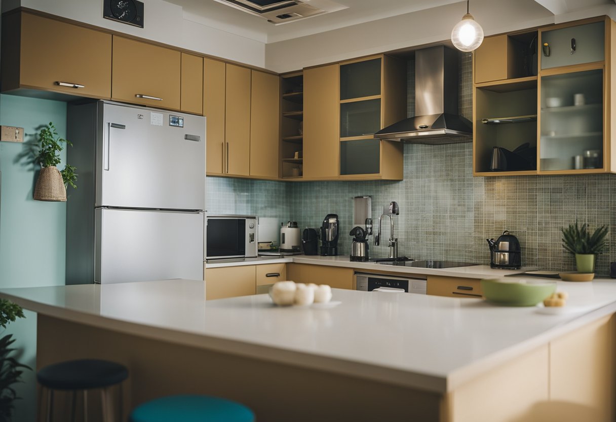 A cluttered HDB kitchen with outdated fixtures and worn-out cabinets. Budget planning documents and renovation cost estimates are laid out on the counter