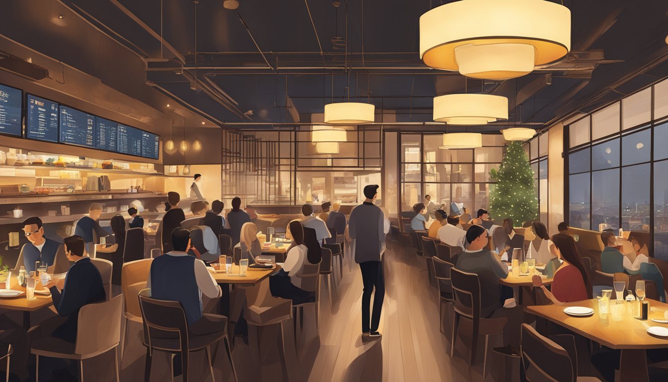 The bustling restaurant at junction 8 is filled with diners enjoying their meals, while waitstaff hurry to and fro with trays of food and drinks. The warm, inviting atmosphere is enhanced by the soft glow of the overhead lights
