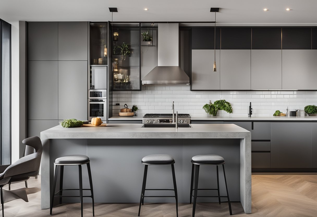 A modern kitchen with sleek concrete cabinets, clean lines, and minimalist design