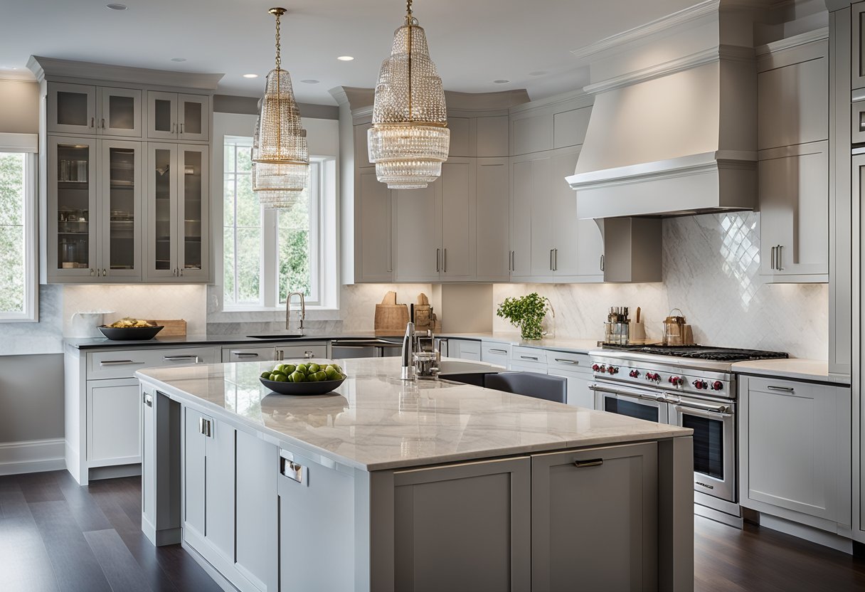 A modern kitchen with sleek, high-end appliances and custom cabinetry. A large island with a marble countertop is the focal point, surrounded by minimalist, yet luxurious design elements