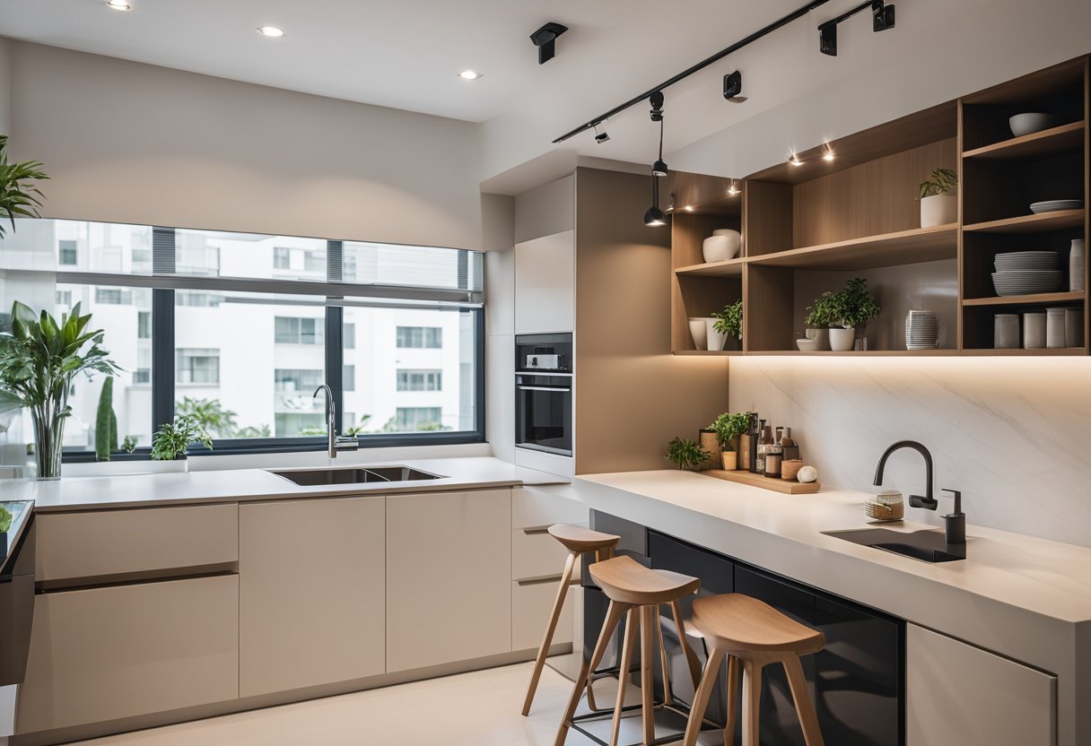 A bright, modern 3-room HDB kitchen with sleek countertops, new cabinets, and stylish fixtures. Clean lines and a minimalist design give the space a fresh and inviting feel