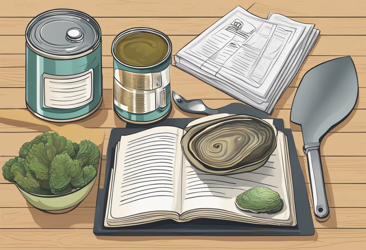A can of abalone sits on a kitchen counter next to a cutting board, knife, and various ingredients. A recipe book is open to a page with instructions for preparing the abalone