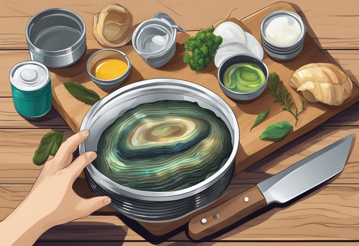 A hand reaches for a can of abalone, while a cutting board and knife are prepared for slicing and cooking