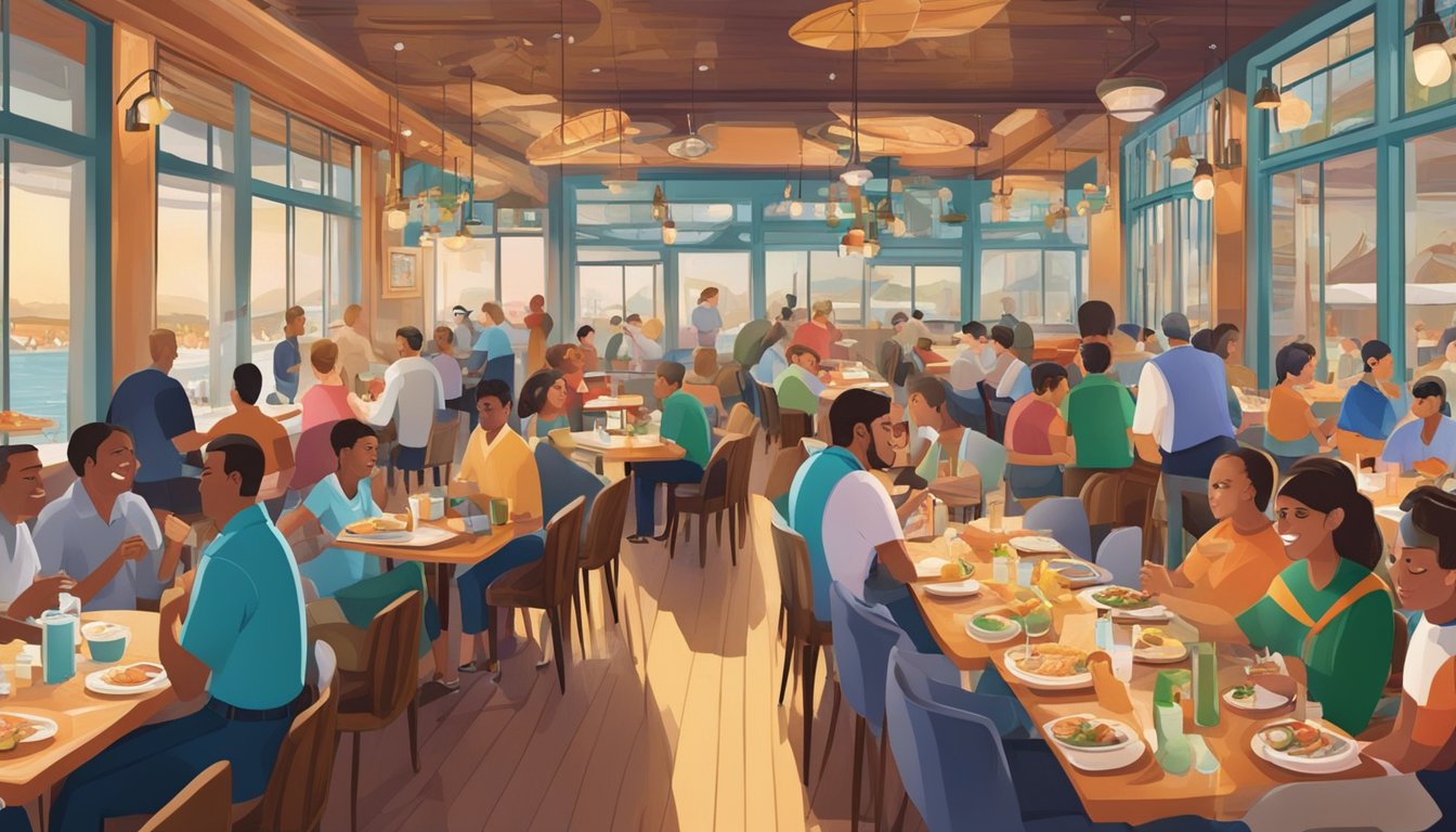 A bustling seafood restaurant with colorful decor and a lively atmosphere. Tables are filled with diners enjoying fresh seafood dishes while waitstaff buzz around attending to their needs