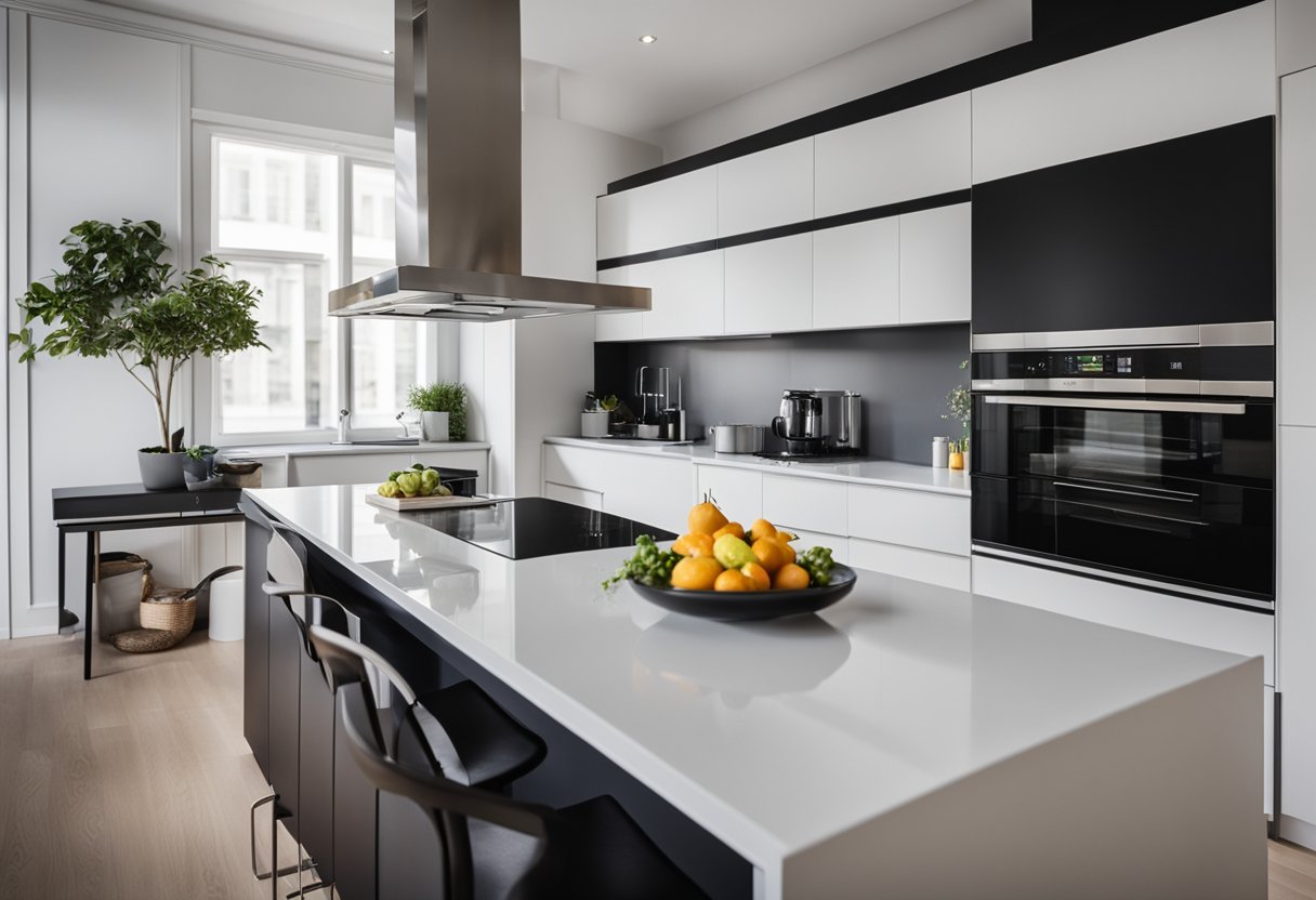 A modern kitchen with sleek designs and a spacious breakfast bar