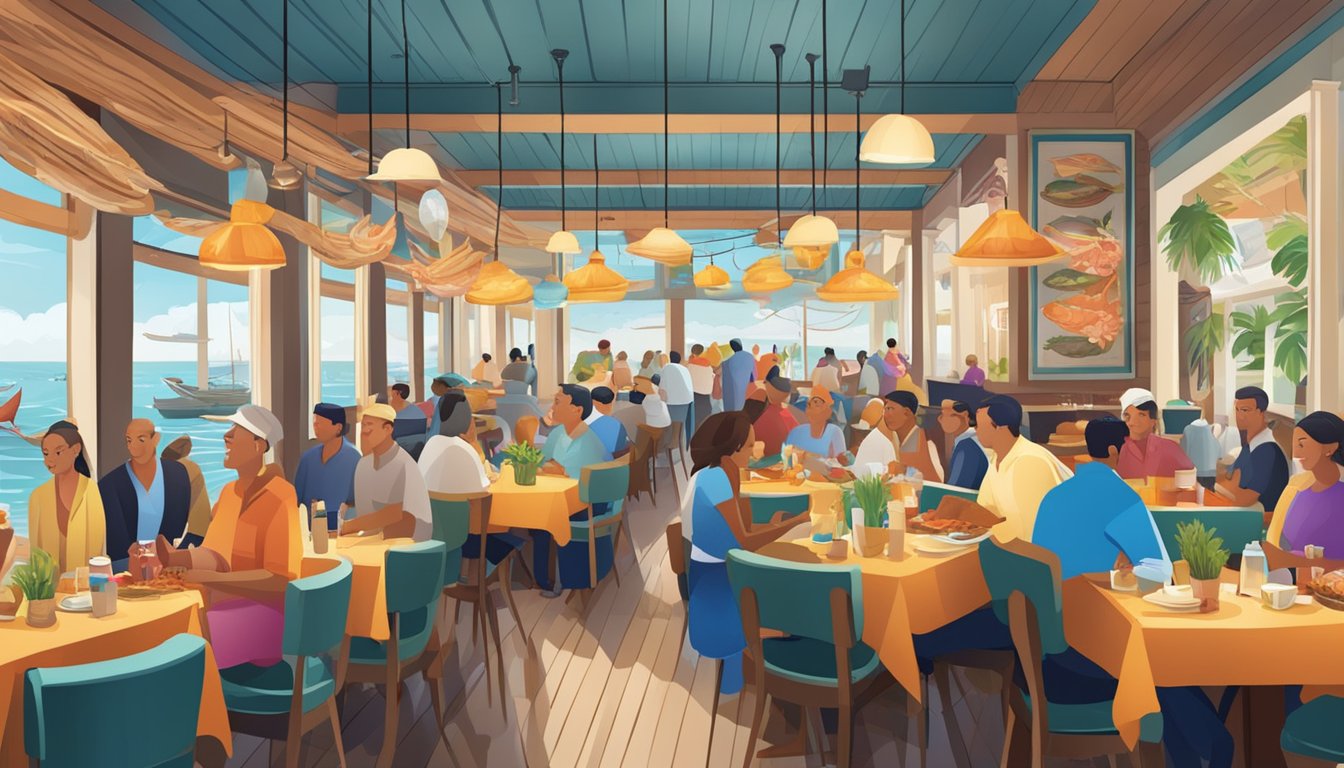 A bustling seafood restaurant with colorful decor, bustling with customers enjoying fresh seafood dishes and lively conversations