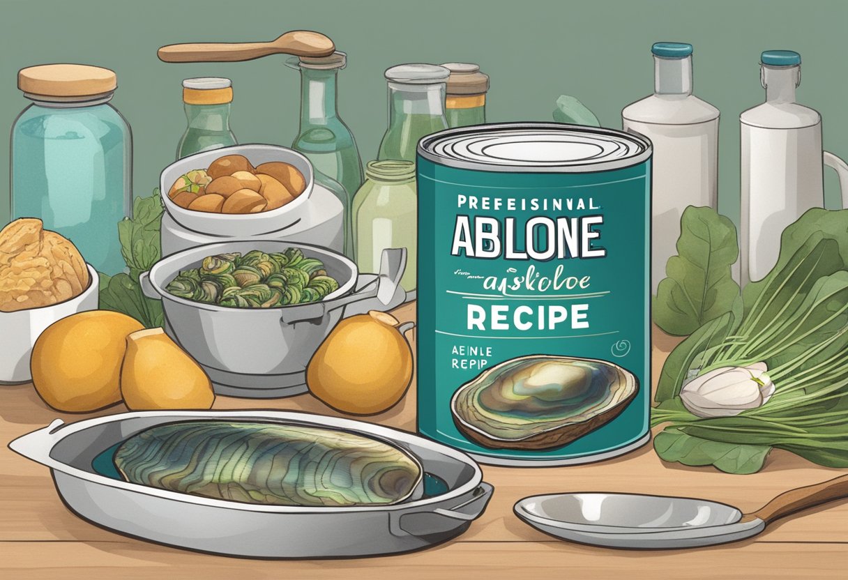 A can of abalone sits open on a kitchen counter, surrounded by various cooking ingredients and utensils. A recipe book is propped open next to it, with the title "Frequently Asked Questions Canned Abalone Recipe" visible