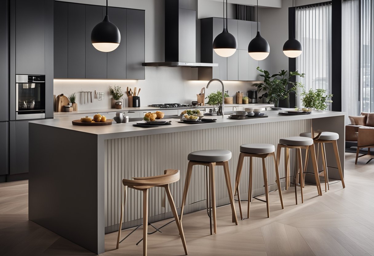 A modern kitchen with a sleek breakfast bar, adorned with stylish stools, and a clean, minimalist design
