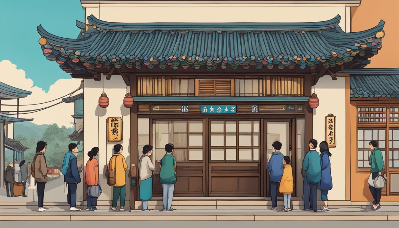 Customers line up at the entrance of Todamgol restaurant, reading a sign that says "Frequently Asked Questions." The exterior is adorned with traditional Korean architecture and vibrant colors