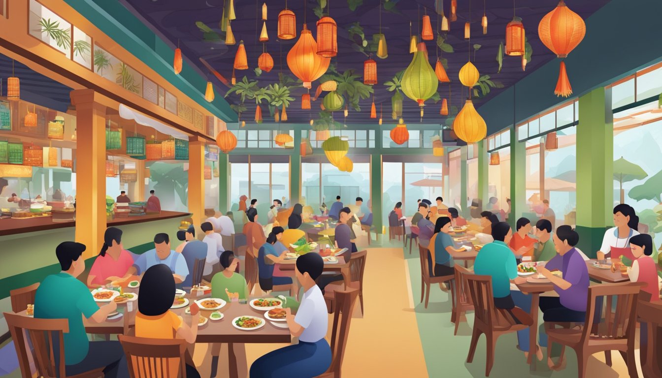 A bustling Chilli Padi Nonya restaurant with colorful decor, steaming dishes, and diners enjoying their meals