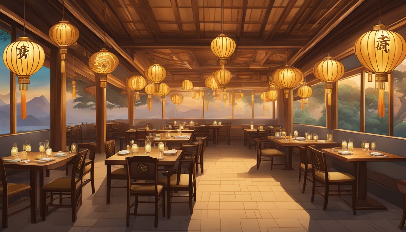 The famous treasure Chinese restaurant glows with golden lanterns and intricate dragon motifs, while the aroma of sizzling woks fills the air