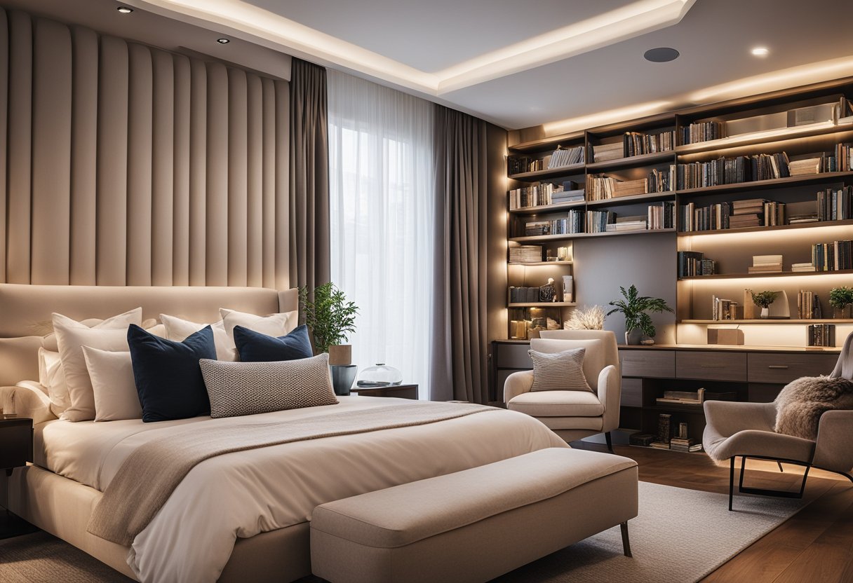 A bedroom with neutral walls, hardwood floors, and a cozy reading nook with a plush chair and floor-to-ceiling bookshelves. A large, comfortable bed with a stylish headboard takes center stage, surrounded by soft lighting and decorative accents
