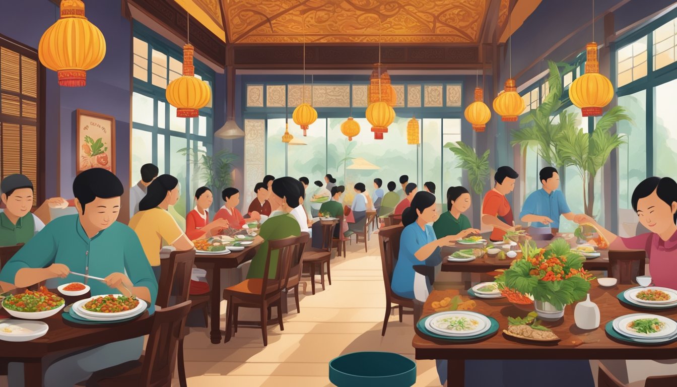 A bustling restaurant with vibrant decor, steaming plates of spicy Peranakan cuisine being served, and the aromatic scent of chilli and lemongrass filling the air