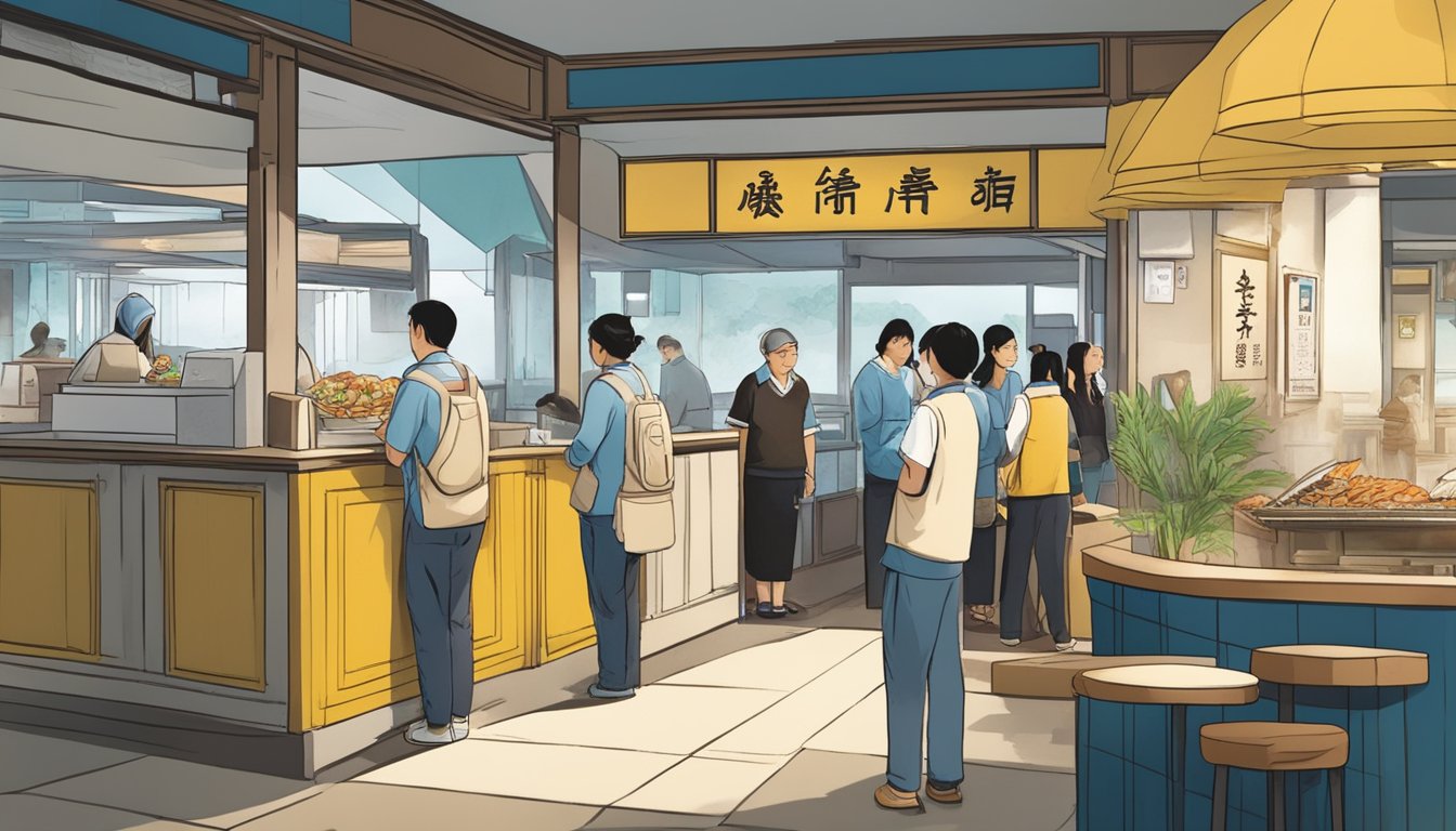Customers line up at the entrance of Bee Kia Seafood Restaurant, while a server takes orders at the counter. The aroma of fresh seafood fills the air