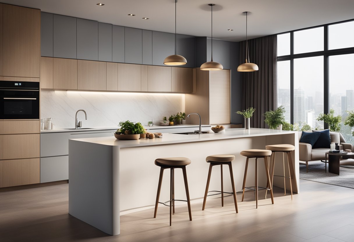 A modern kitchen with a sleek breakfast bar, integrated seamlessly into the living space. Bright natural light streams in, highlighting the clean lines and minimalist design