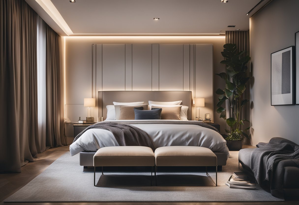 A spacious bedroom with a cozy reading nook, a large, comfortable bed with luxurious bedding, and soft, ambient lighting. A modern color scheme and minimalist decor create a serene and inviting atmosphere