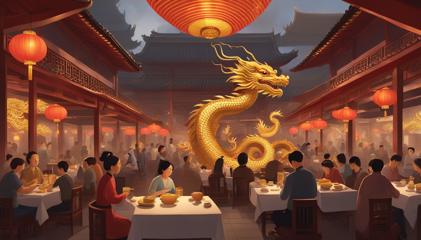 A bustling Chinese restaurant with ornate decor, dim lighting, and a large golden dragon statue as the centerpiece. Patrons enjoy steaming plates of traditional cuisine while red lanterns sway overhead