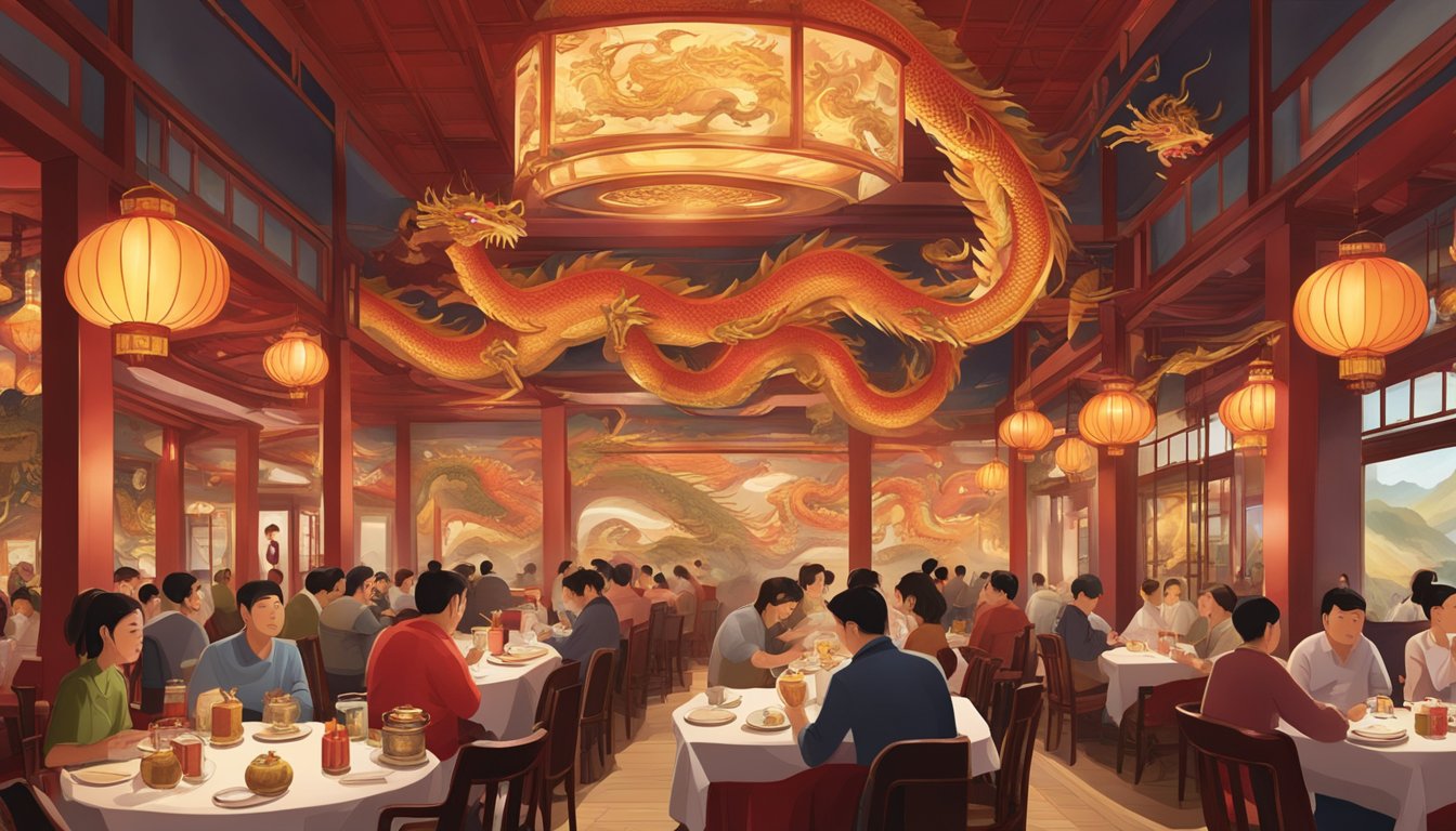 A bustling restaurant with red and gold decor, ornate lanterns, and a large dragon mural. Diners enjoy traditional Chinese cuisine at round tables