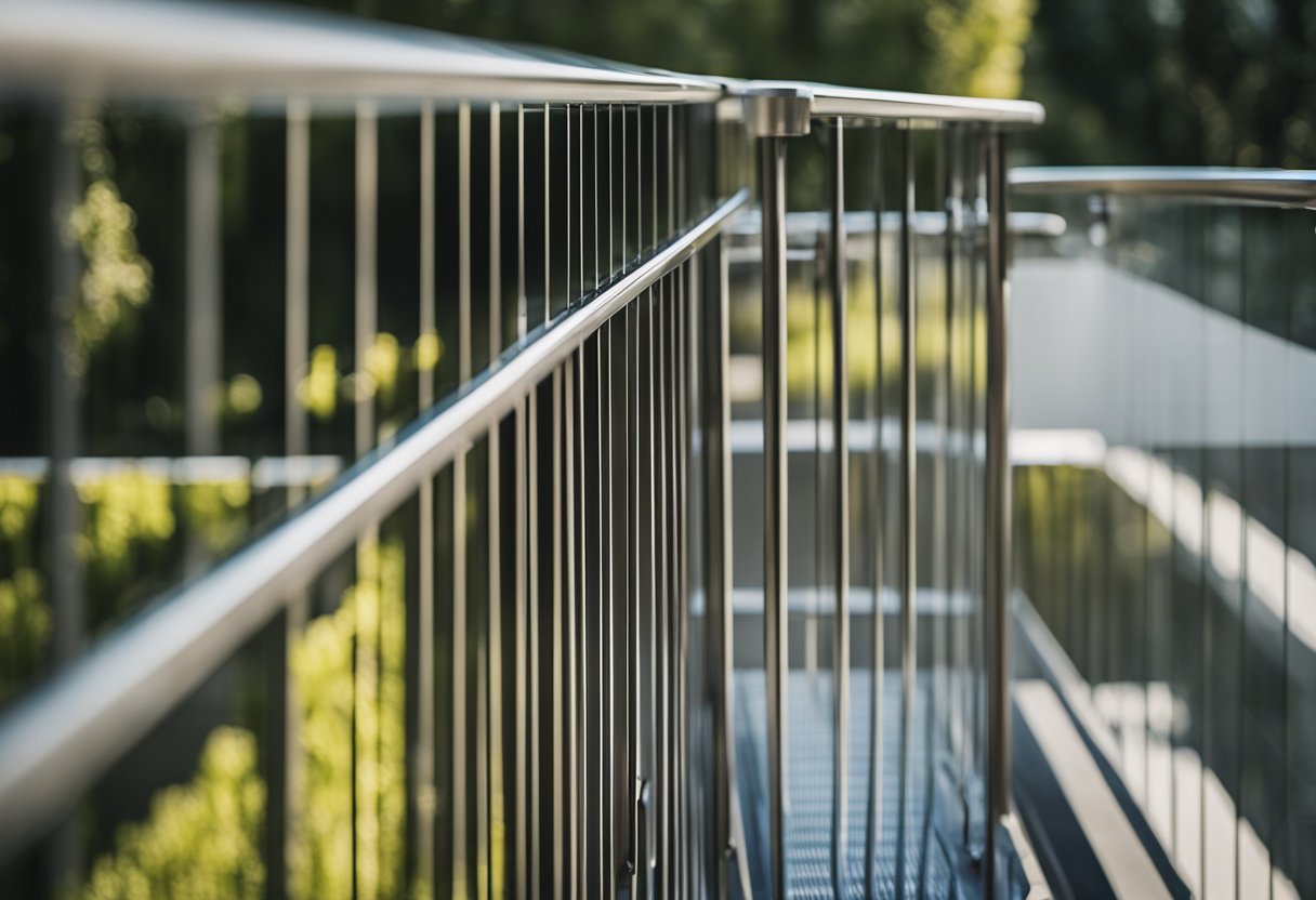 A sleek stainless steel balcony grill with glass panels