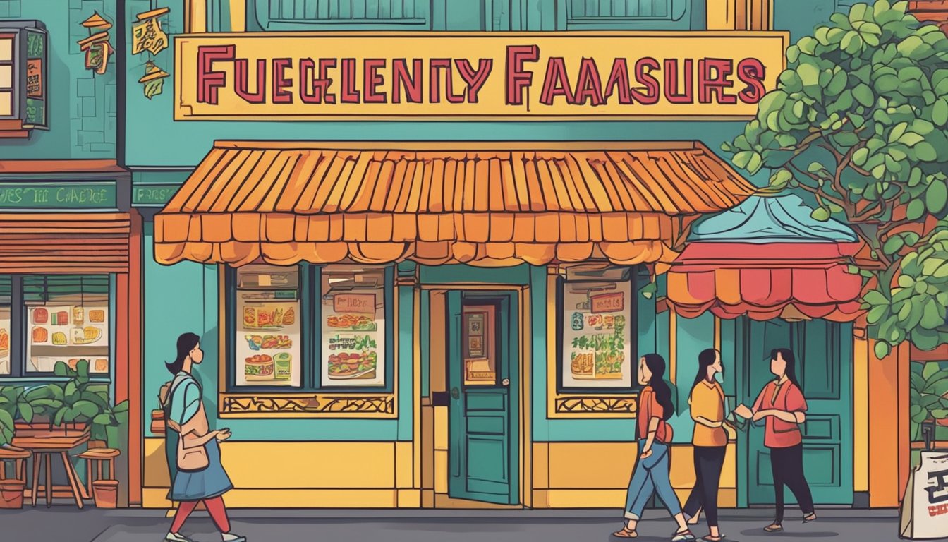 A bustling restaurant with a sign reading "Frequently Asked Questions Famous Treasure Chinese Restaurant" in bold, colorful lettering. Customers are entering and exiting, while the aroma of sizzling stir-fry fills the air