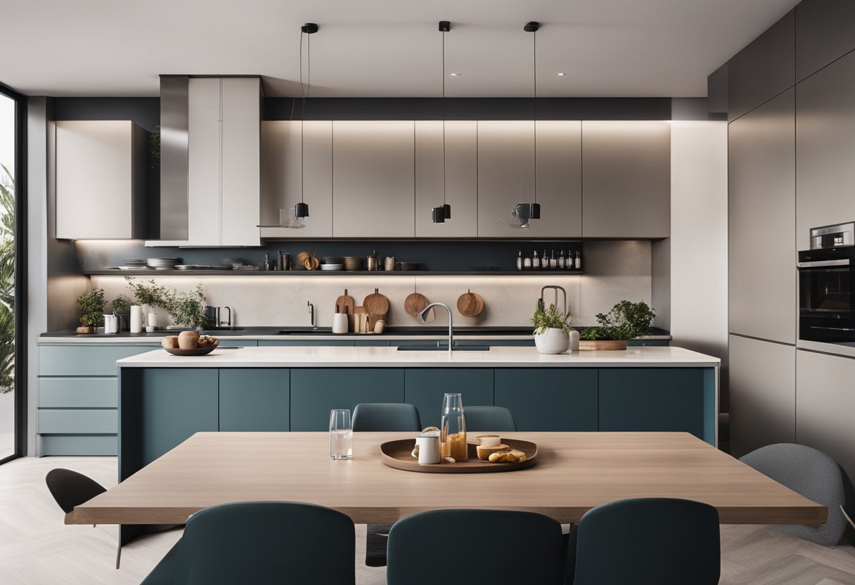 A modern kitchen with sleek countertops and a stylish breakfast bar, featuring clean lines and minimalist design