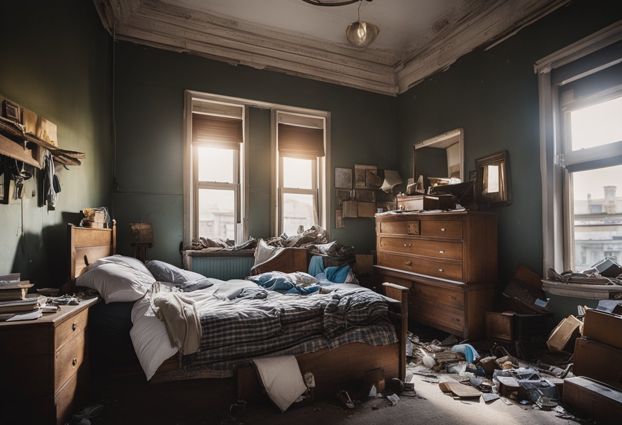 A cluttered bedroom with old furniture and peeling paint. Light streams in through the window, highlighting the potential for a fresh, modern renovation