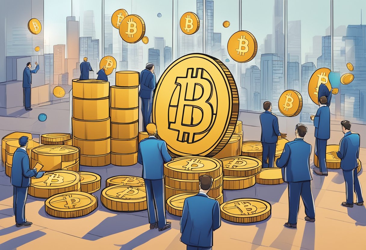 The scene depicts a graph showing the Bitcoin halving event and its impact on supply and demand. Investors strategize for the best investment opportunities