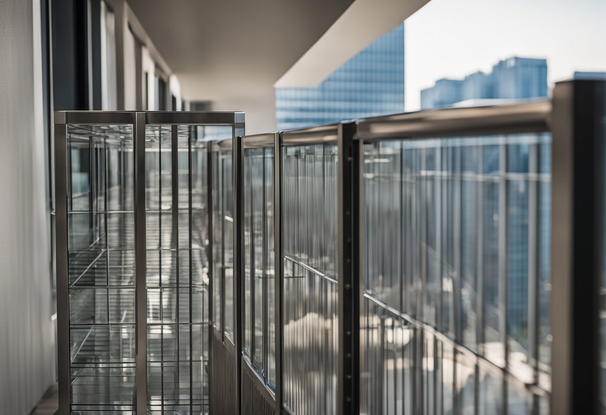 A modern stainless steel balcony grill with sleek glass panels, reflecting the surrounding environment