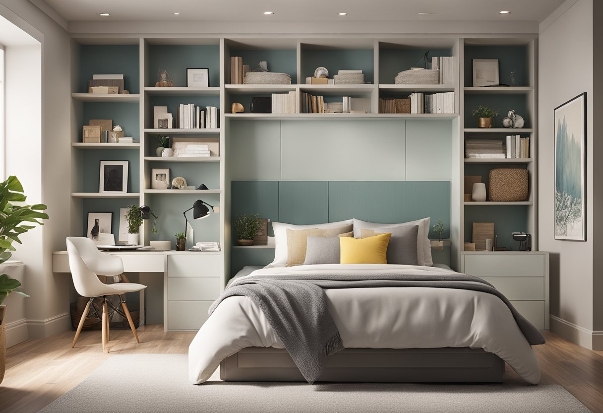 A bright, modern bedroom with a cozy reading nook, sleek built-in storage, and a calming color palette. Various renovation ideas are displayed on a bulletin board, and a laptop sits on the desk for researching FAQs