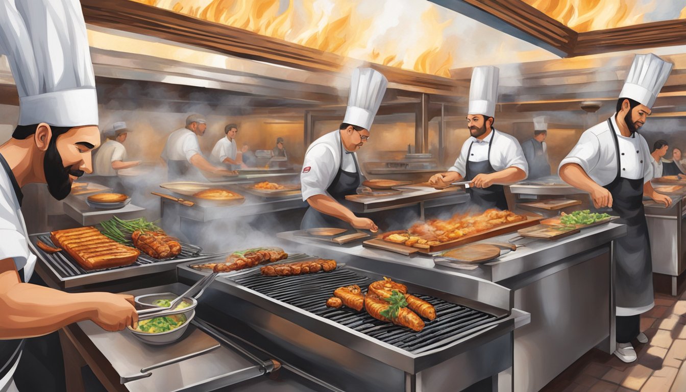 The sizzling grill emits a tantalizing aroma as smoke rises from the charcoal. Tables are filled with eager diners, while chefs expertly tend to the open flames, creating a lively and inviting atmosphere